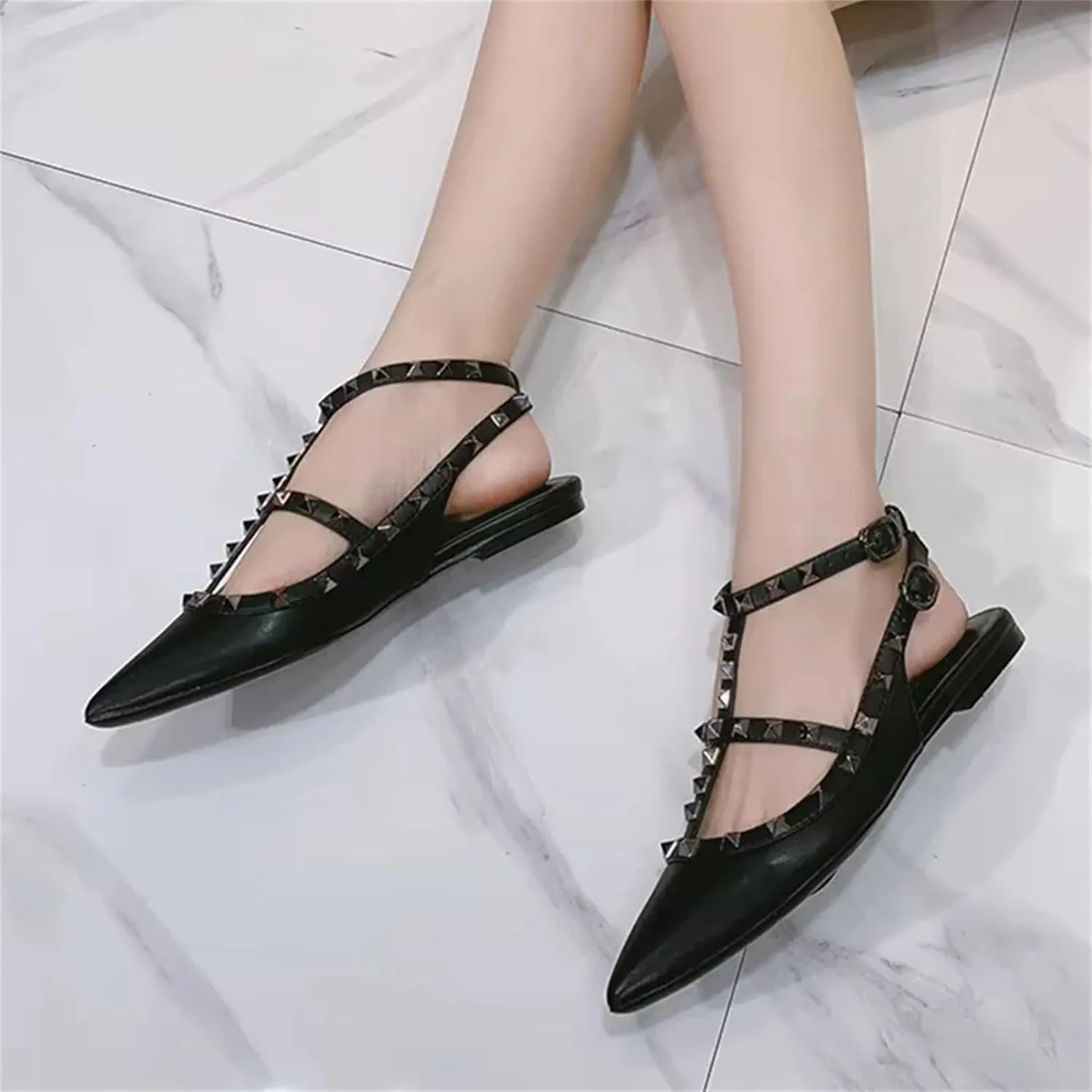Women's Gold Studded Flats, Pointed Toe Shiny Leather Strap Shoes