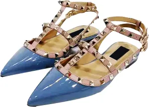 Women's Gold Studded Flats, Pointed Toe Shiny Leather Strap Shoes
