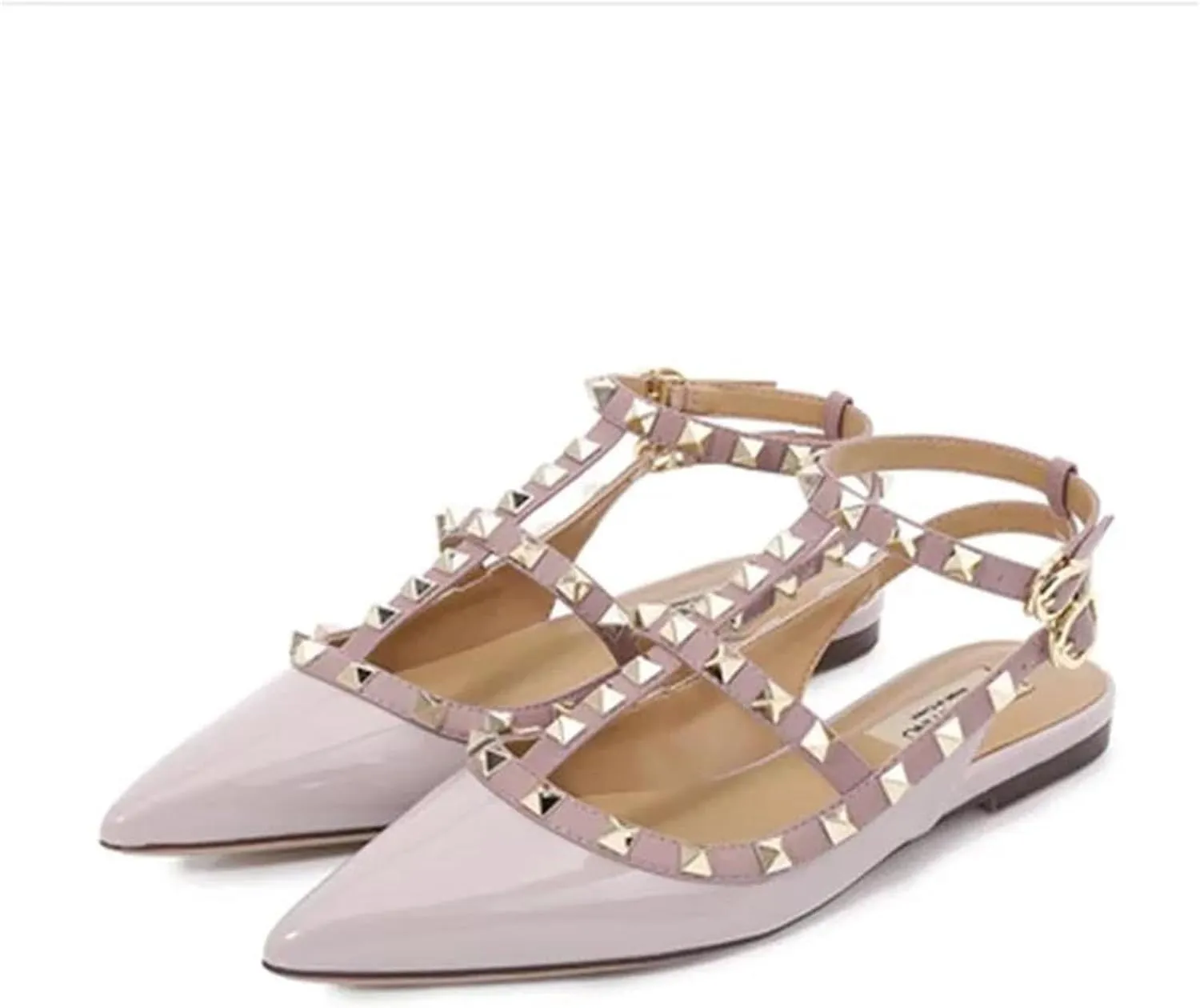 Women's Gold Studded Flats, Pointed Toe Shiny Leather Strap Shoes
