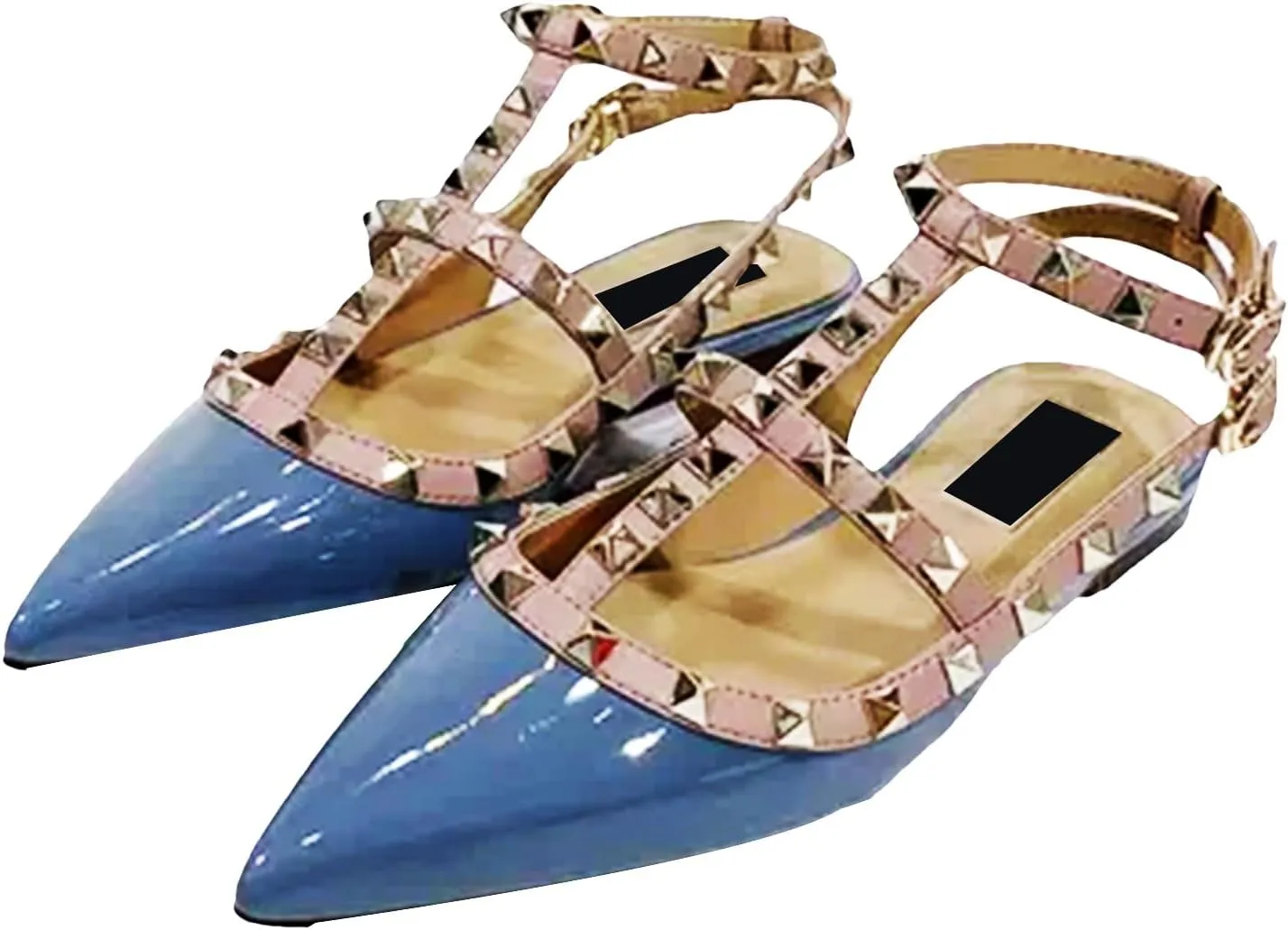 Women's Gold Studded Flats, Pointed Toe Shiny Leather Strap Shoes