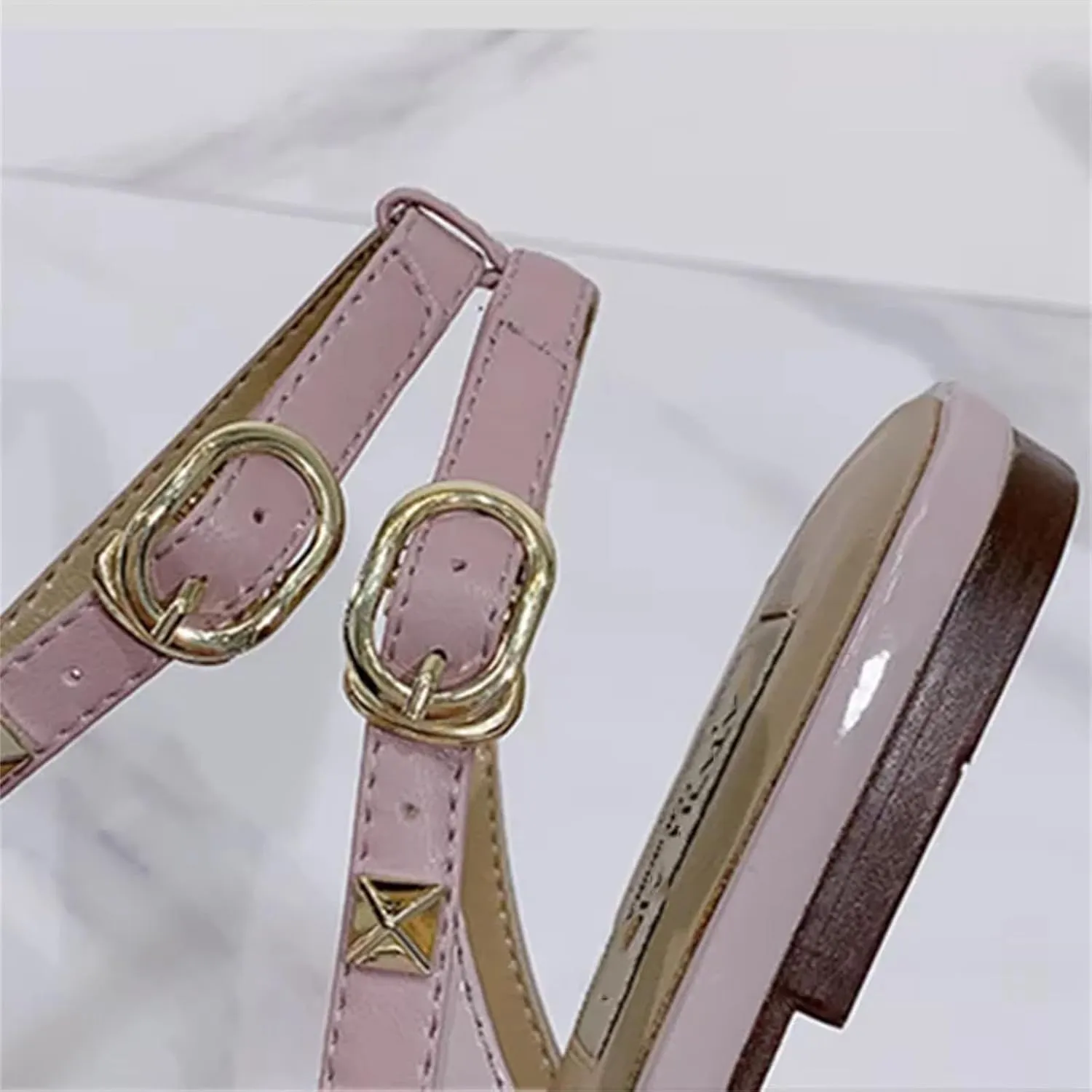 Women's Gold Studded Flats, Pointed Toe Shiny Leather Strap Shoes