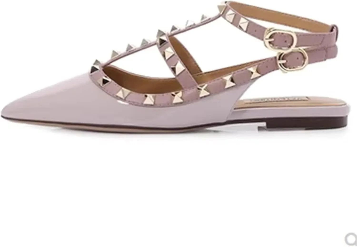 Women's Gold Studded Flats, Pointed Toe Shiny Leather Strap Shoes