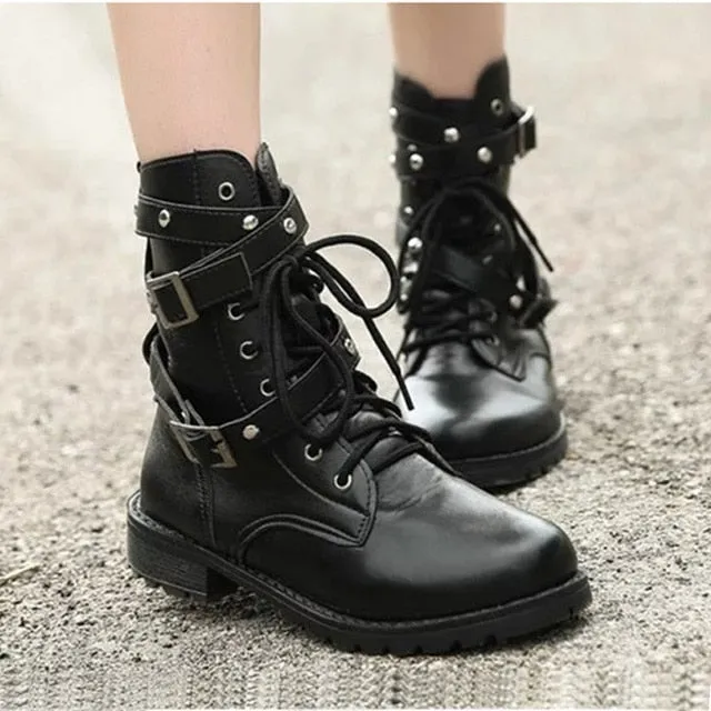 Women's Gothic Mid-Calf Boots – Elegant Low Heel Biker Shoes