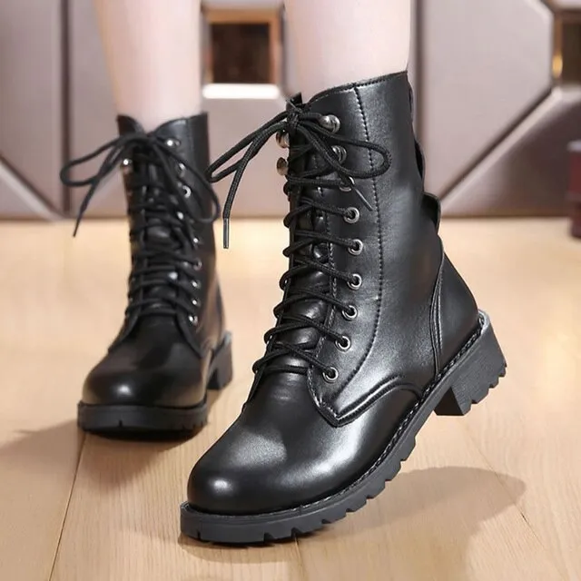 Women's Gothic Mid-Calf Boots – Elegant Low Heel Biker Shoes