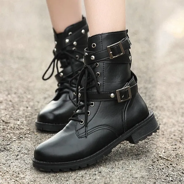 Women's Gothic Mid-Calf Boots – Elegant Low Heel Biker Shoes