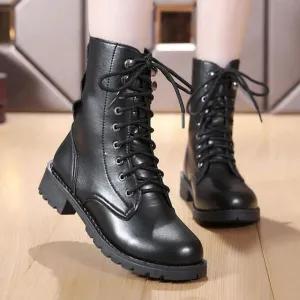 Women's Gothic Mid-Calf Boots – Elegant Low Heel Biker Shoes