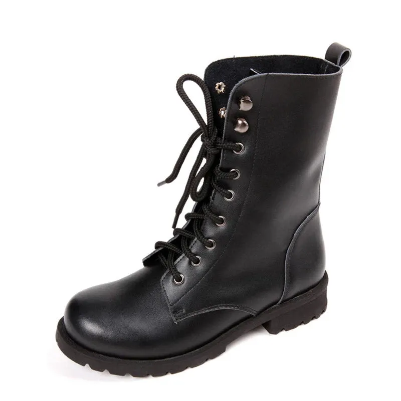 Women's Gothic Mid-Calf Boots – Elegant Low Heel Biker Shoes