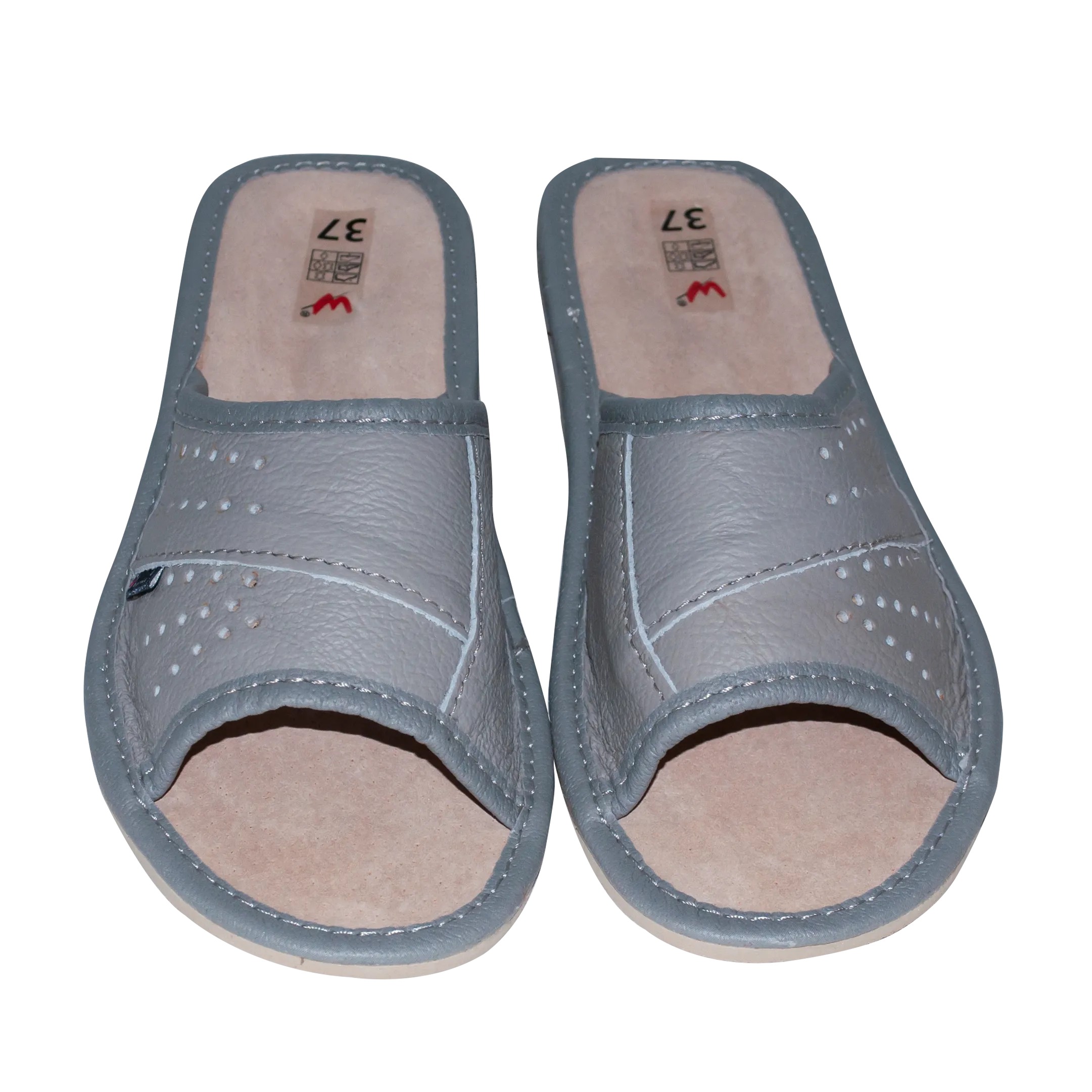 Women's Gray Leather Open Toe Slippers | WU-139