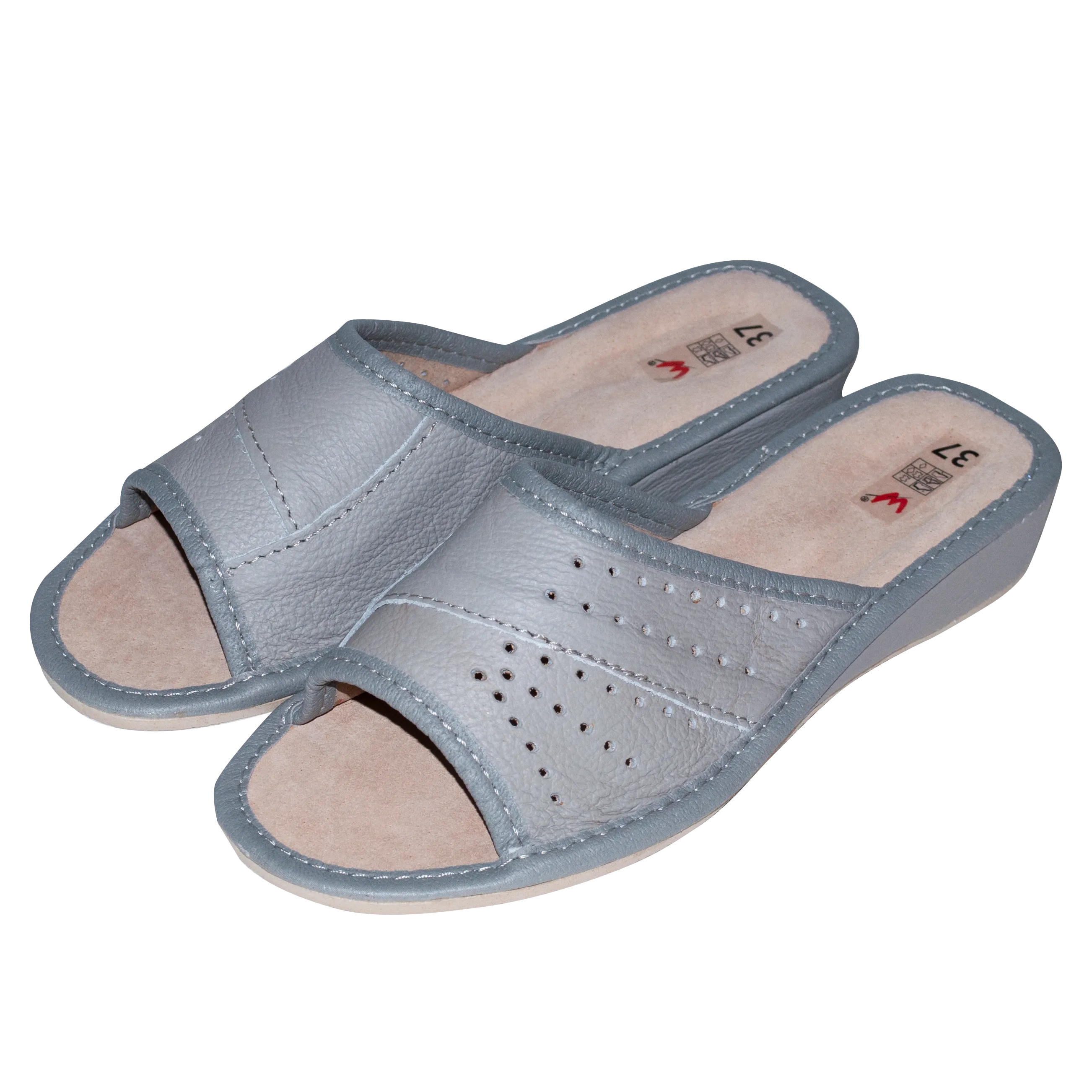 Women's Gray Leather Open Toe Slippers | WU-139