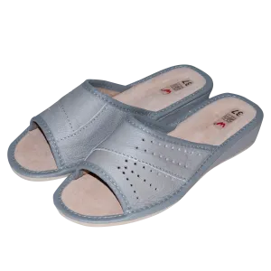 Women's Gray Leather Open Toe Slippers | WU-139