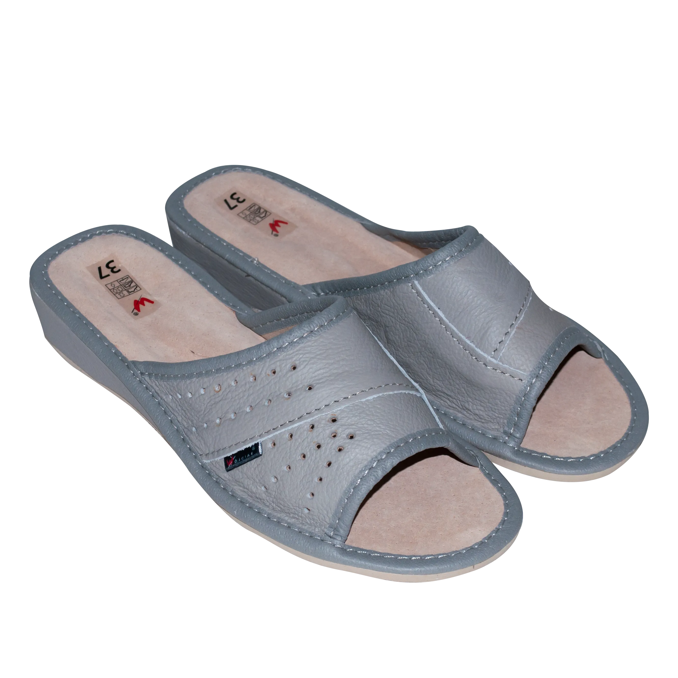 Women's Gray Leather Open Toe Slippers | WU-139