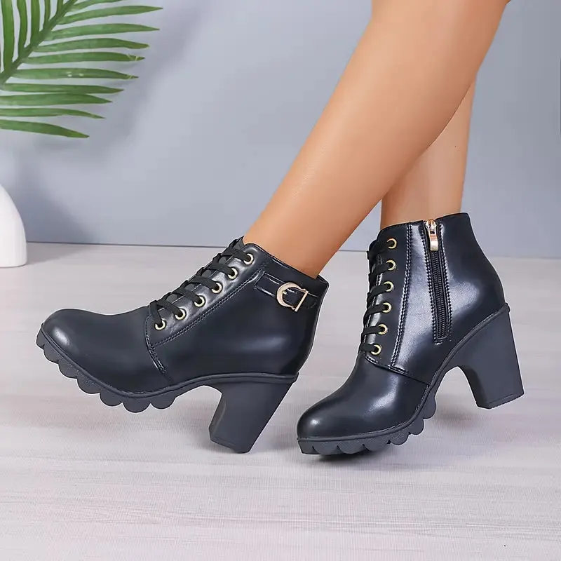 WOMEN'S HIGH HEELED CHUNKY ANKLE BOOTIES