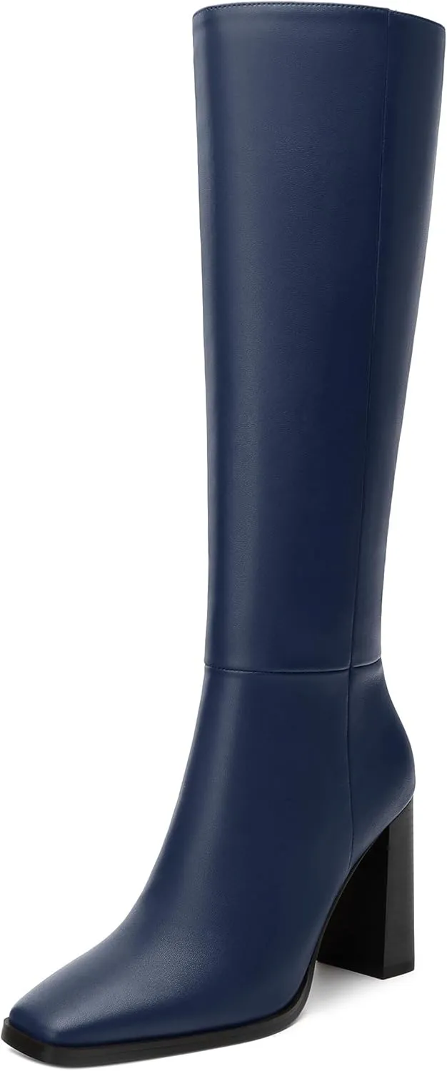 Womens Knee High Boots, Square Toe High Chunky Heel Knee High Boots for Women Zipper 3.5"