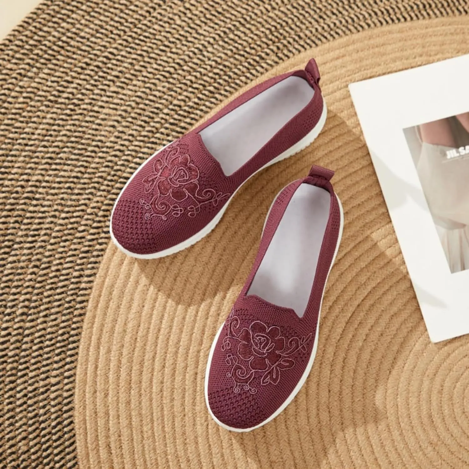 Women's Knitted Embroidery Casual Walking Sneakers,Lightweight Breathable Mesh Slip On Loafers,Comfortable Soft Sole Non-Slip Driving MoM Shoes