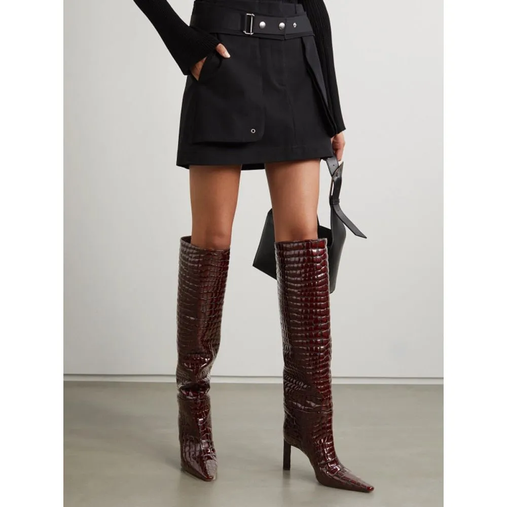 Women's Leather High Heel Pointed Toe Knee High Boots Spring Autumn