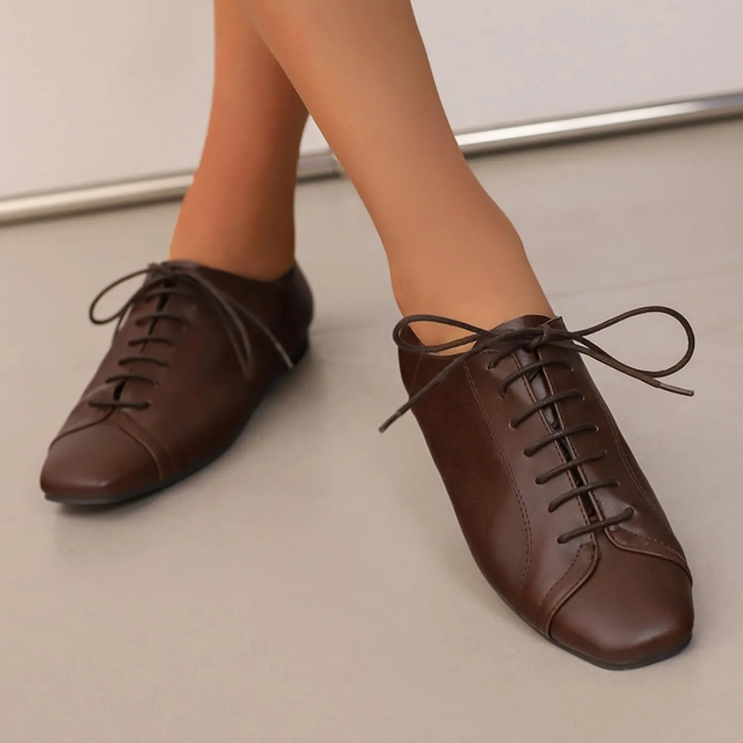 Womens Leather Lace-Up Perforated Flat Oxfords Square Toe Low Heel Block Soft Sole Formal Work Office Business Dress Shoes