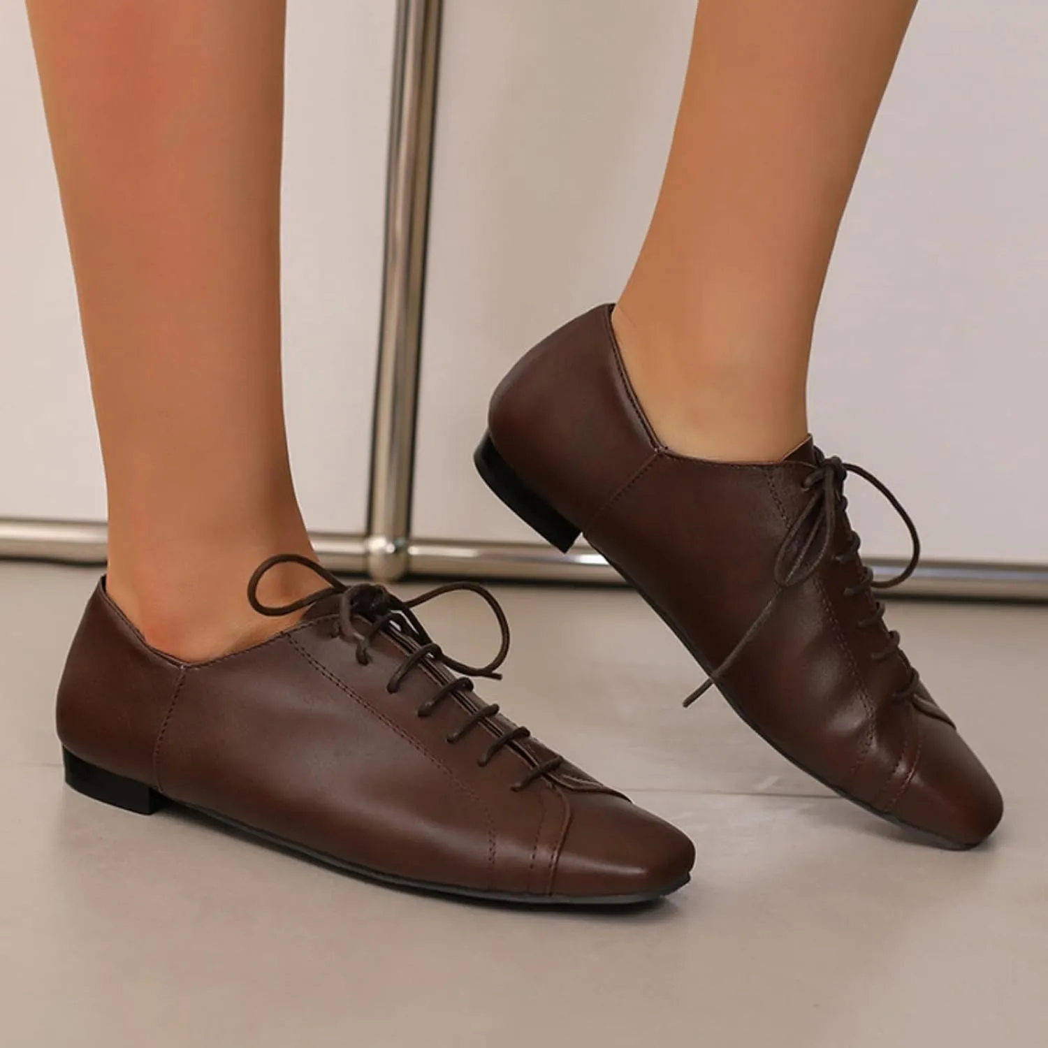 Womens Leather Lace-Up Perforated Flat Oxfords Square Toe Low Heel Block Soft Sole Formal Work Office Business Dress Shoes