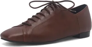 Womens Leather Lace-Up Perforated Flat Oxfords Square Toe Low Heel Block Soft Sole Formal Work Office Business Dress Shoes