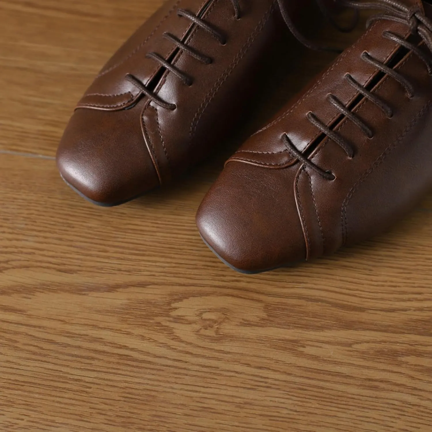 Womens Leather Lace-Up Perforated Flat Oxfords Square Toe Low Heel Block Soft Sole Formal Work Office Business Dress Shoes