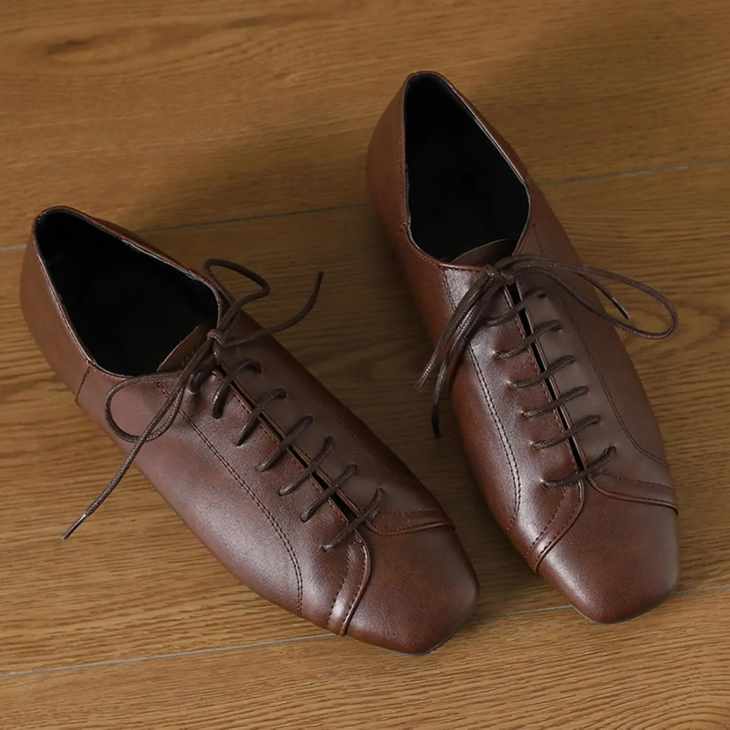 Womens Leather Lace-Up Perforated Flat Oxfords Square Toe Low Heel Block Soft Sole Formal Work Office Business Dress Shoes