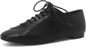 Womens Leather Lace-Up Perforated Flat Oxfords Square Toe Low Heel Block Soft Sole Formal Work Office Business Dress Shoes