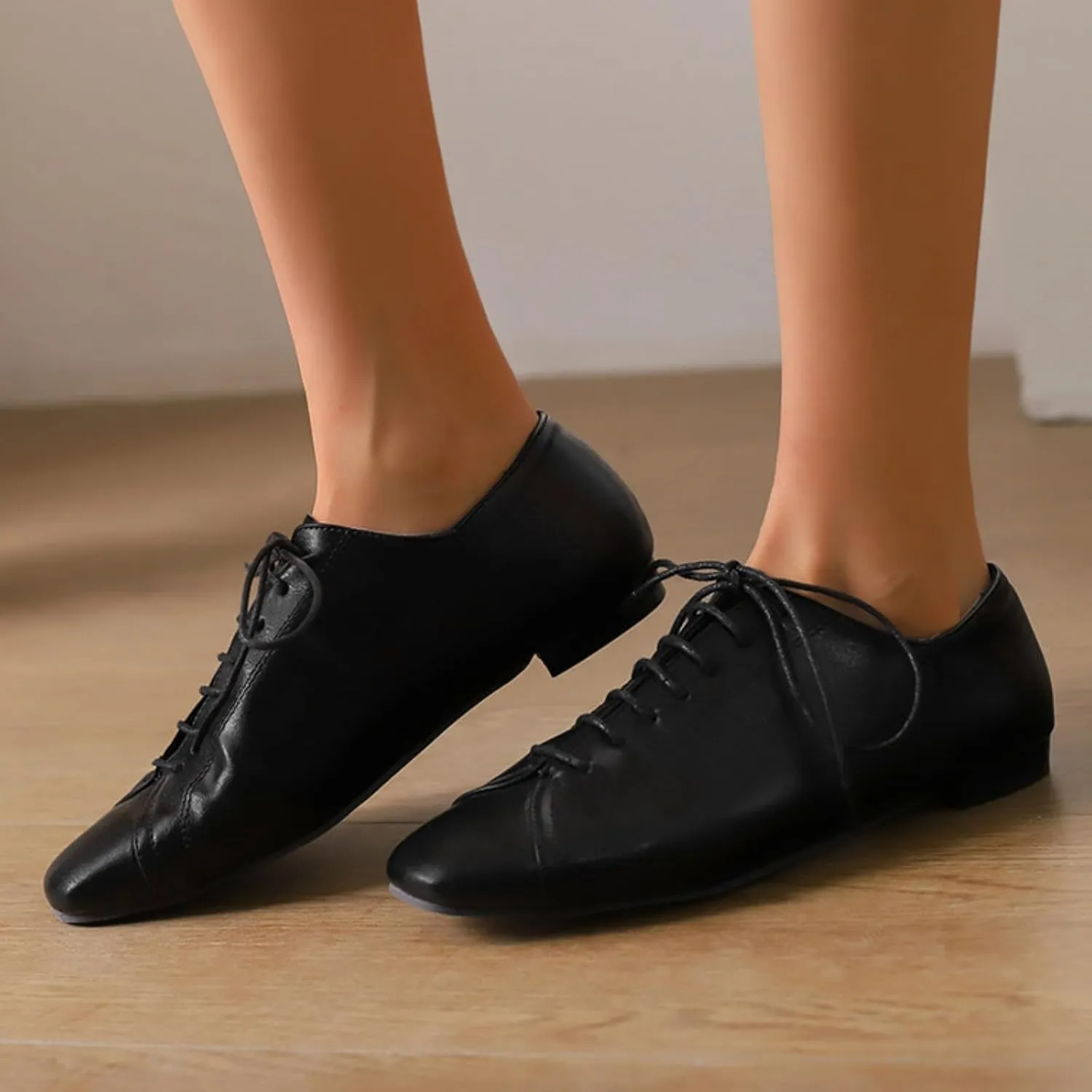Womens Leather Lace-Up Perforated Flat Oxfords Square Toe Low Heel Block Soft Sole Formal Work Office Business Dress Shoes