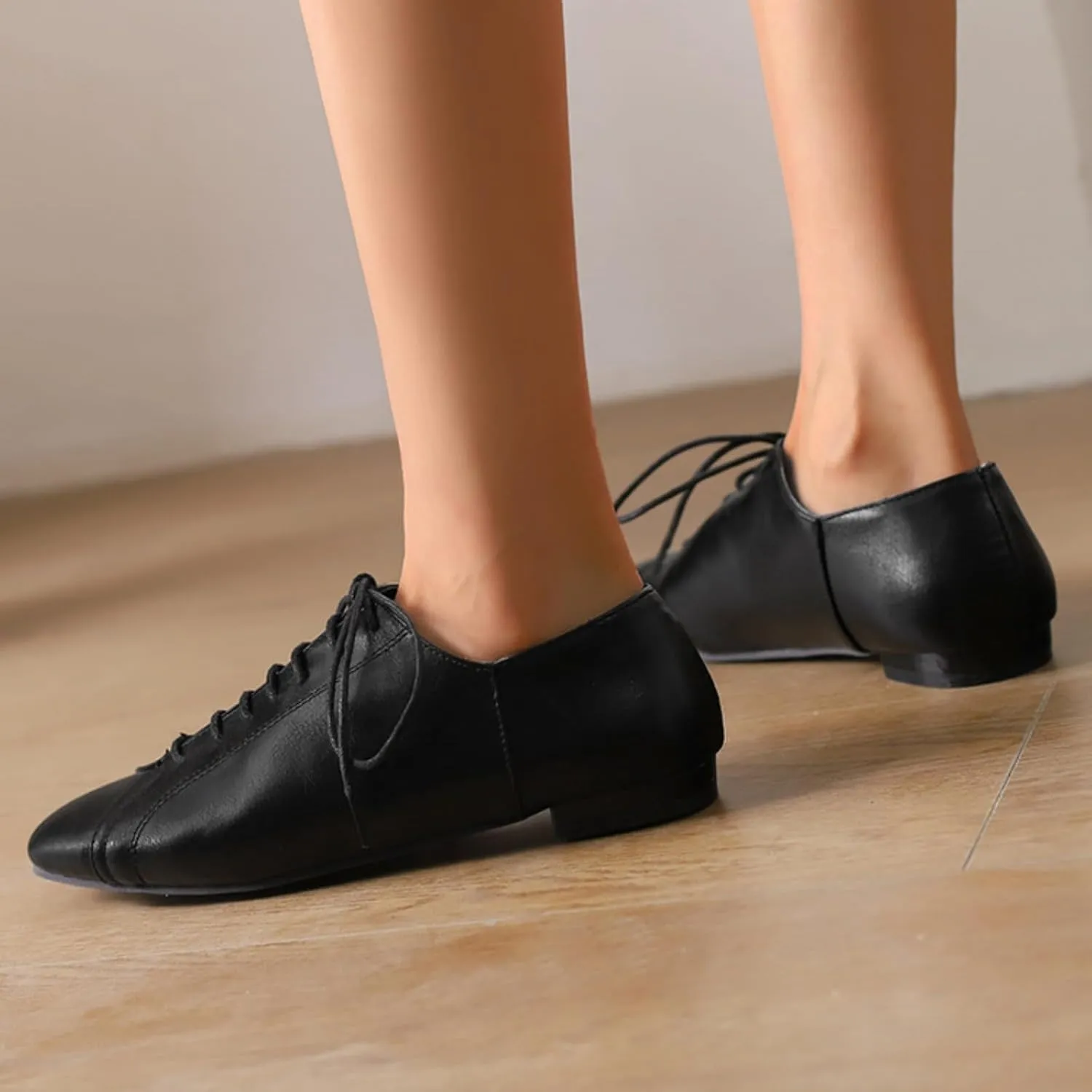 Womens Leather Lace-Up Perforated Flat Oxfords Square Toe Low Heel Block Soft Sole Formal Work Office Business Dress Shoes