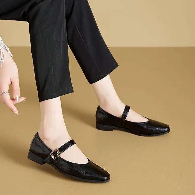 Women's Leather Mary Jane Flats Metal Gold-Tone Buckle