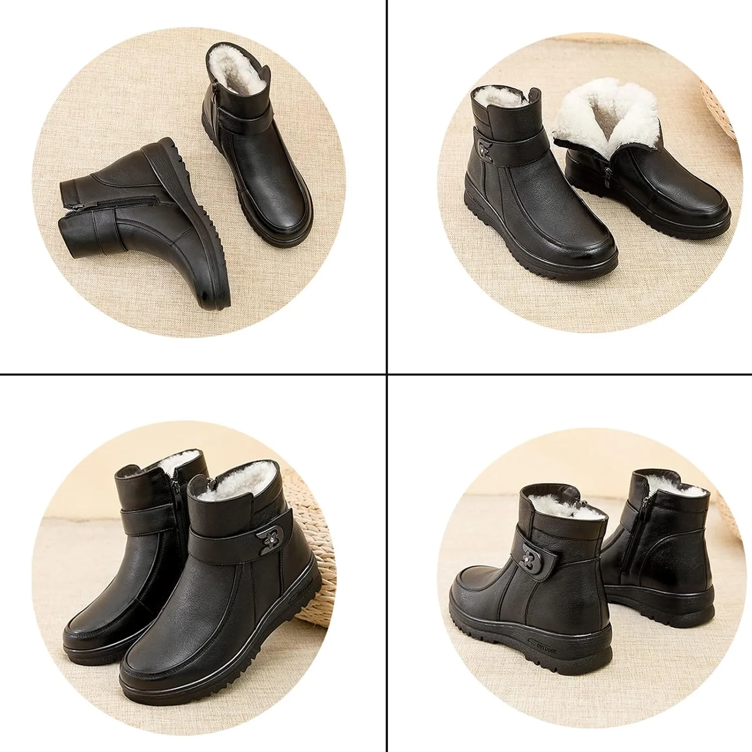 Women'S Leather Thickened Warm Ankle Soft Cotton Shoes, Winter Waterproof Soft Sole Non Slip Side Zipper Mama Snow Boots
