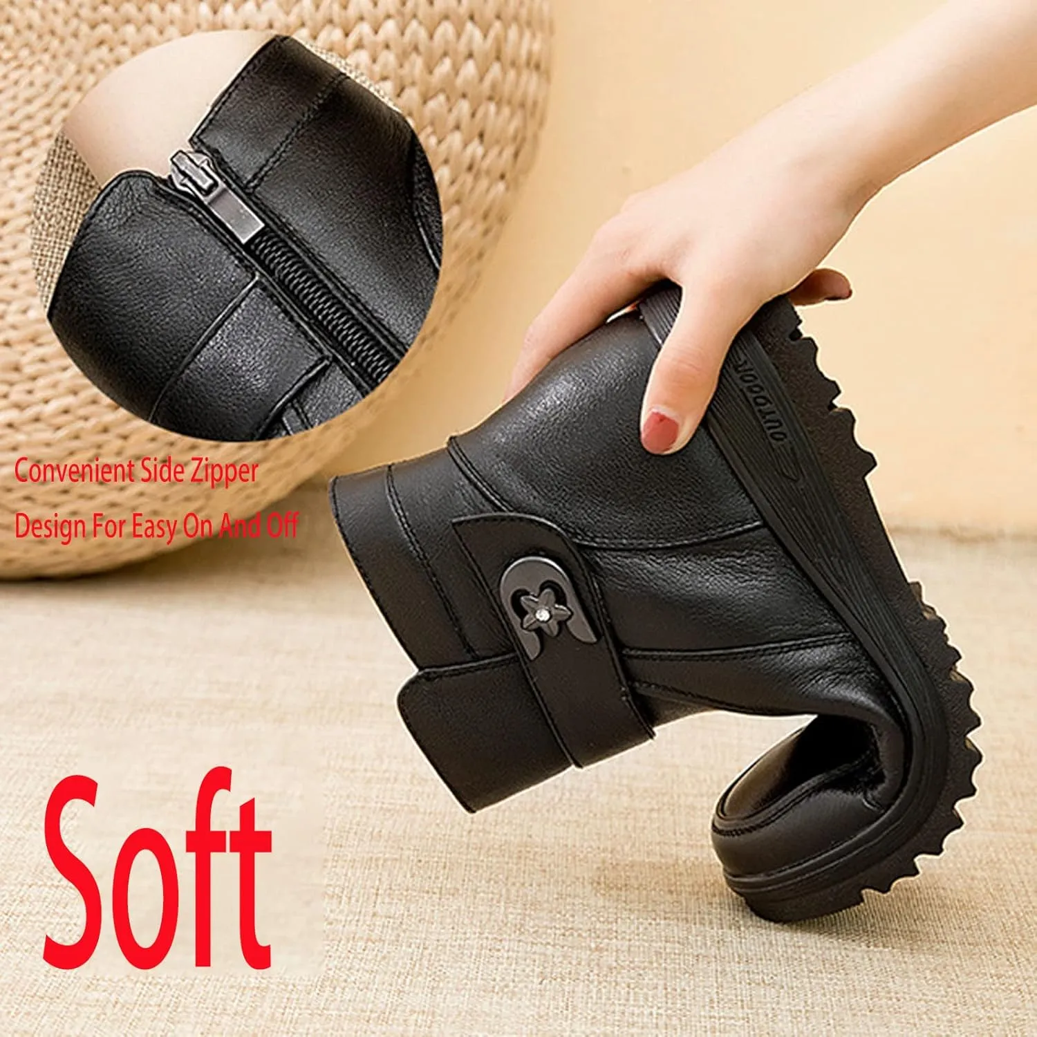 Women'S Leather Thickened Warm Ankle Soft Cotton Shoes, Winter Waterproof Soft Sole Non Slip Side Zipper Mama Snow Boots