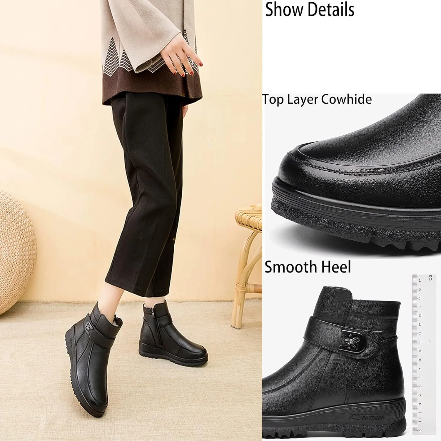 Women'S Leather Thickened Warm Ankle Soft Cotton Shoes, Winter Waterproof Soft Sole Non Slip Side Zipper Mama Snow Boots