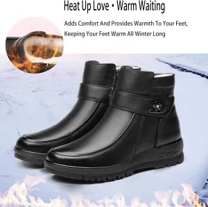 Women'S Leather Thickened Warm Ankle Soft Cotton Shoes, Winter Waterproof Soft Sole Non Slip Side Zipper Mama Snow Boots