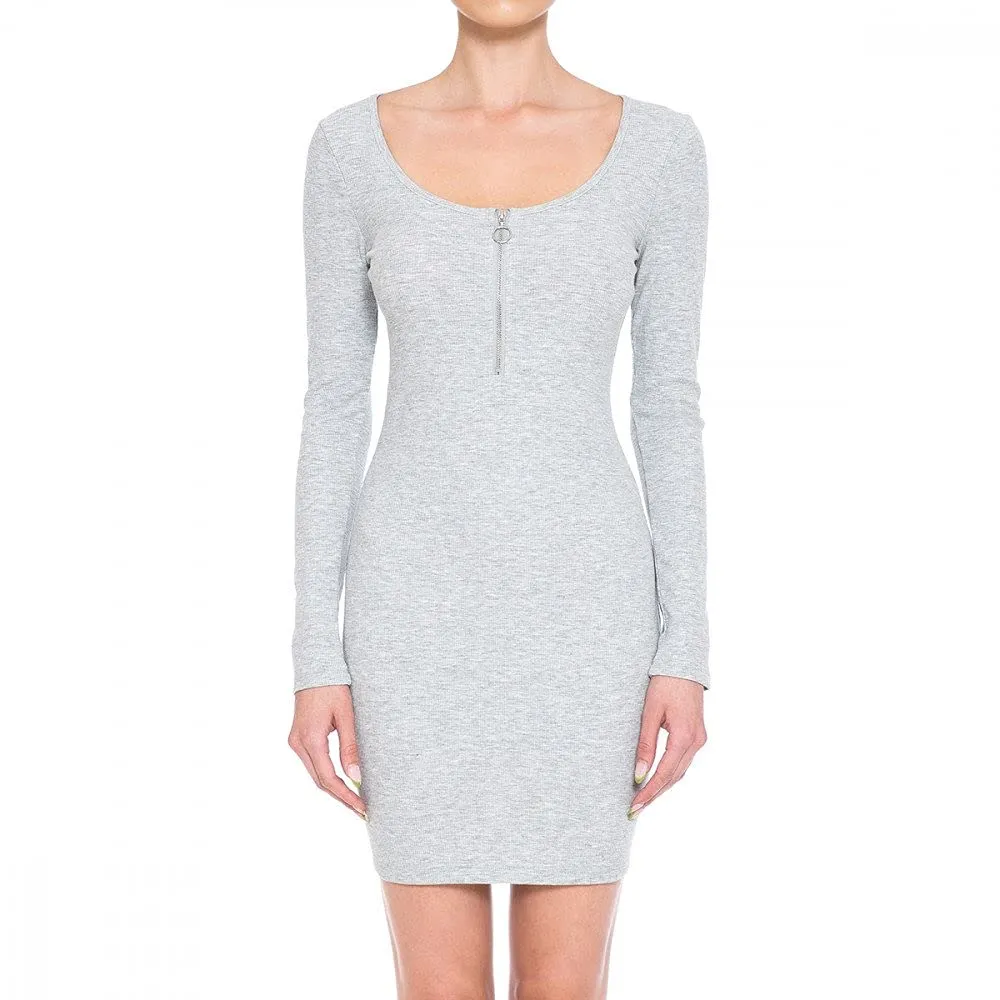 Womens O-Ring Zip Scoop Neck Long Sleeve Mini Bodycon Dress