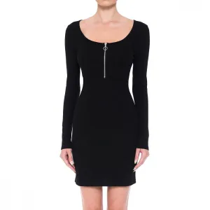 Womens O-Ring Zip Scoop Neck Long Sleeve Mini Bodycon Dress
