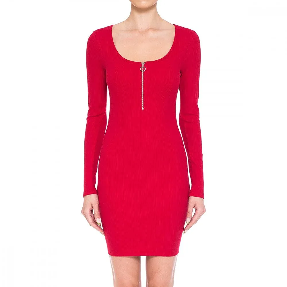 Womens O-Ring Zip Scoop Neck Long Sleeve Mini Bodycon Dress