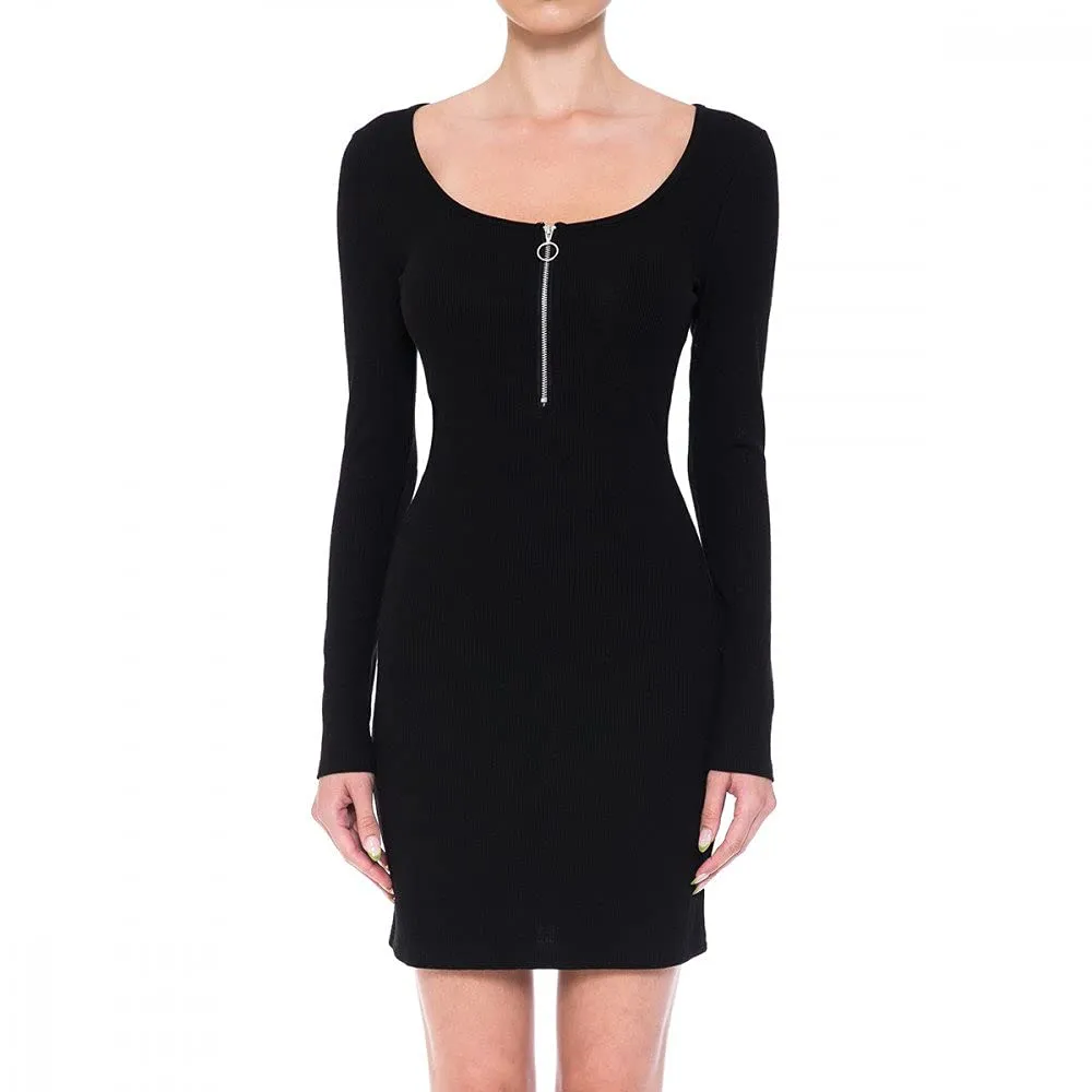 Womens O-Ring Zip Scoop Neck Long Sleeve Mini Bodycon Dress