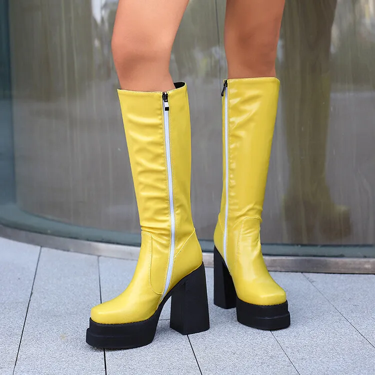 Women's Patchwork Block Heel Platform Knee High Boots