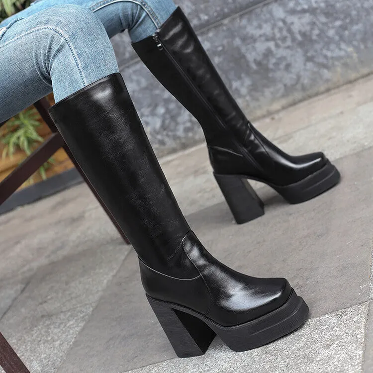 Women's Patchwork Block Heel Platform Knee High Boots
