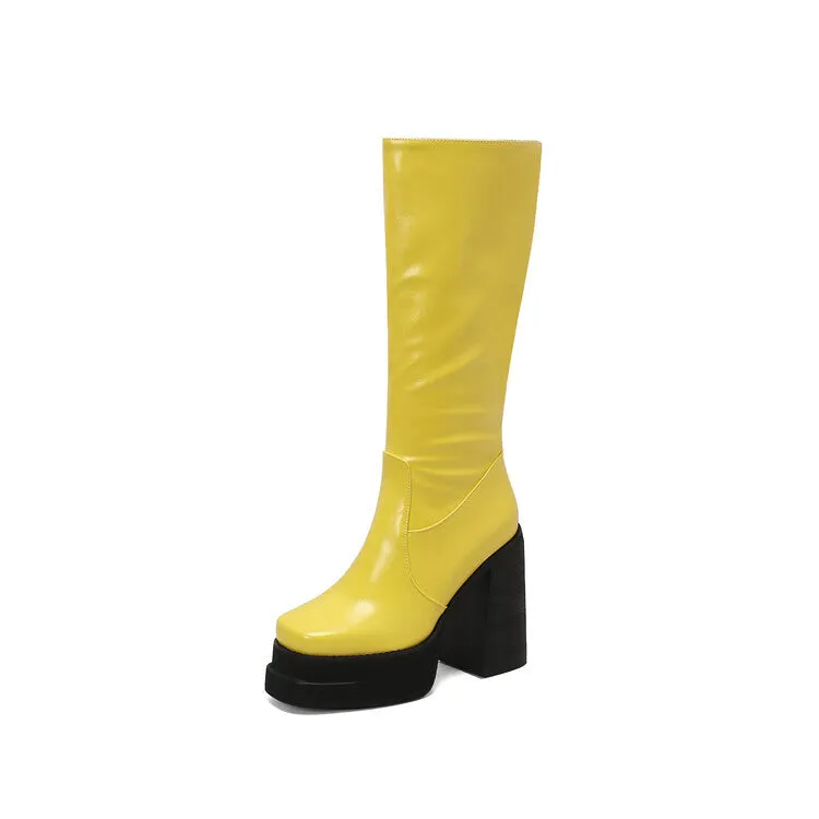 Women's Patchwork Block Heel Platform Knee High Boots