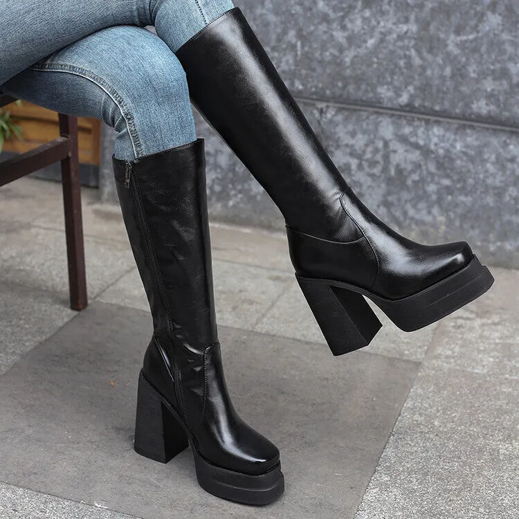 Women's Patchwork Block Heel Platform Knee High Boots