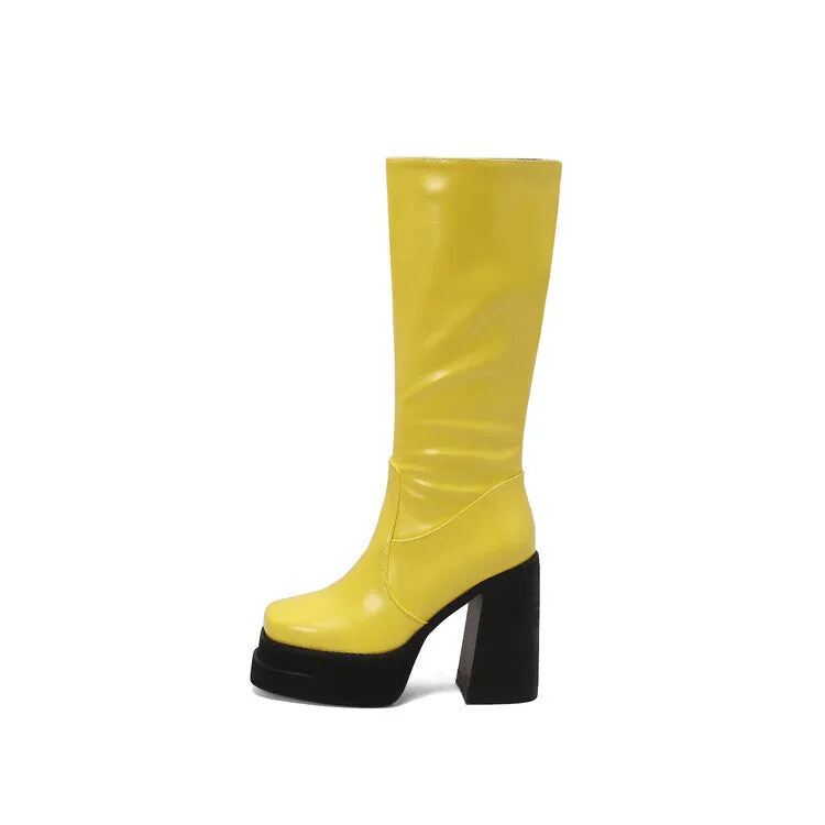 Women's Patchwork Block Heel Platform Knee High Boots
