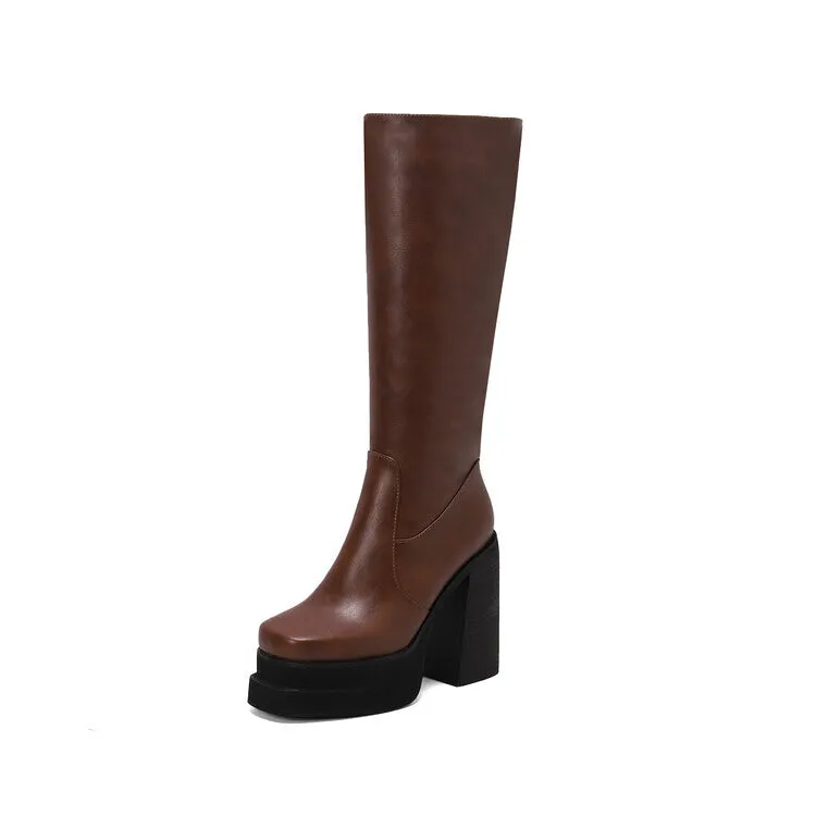 Women's Patchwork Block Heel Platform Knee High Boots