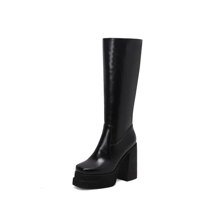 Women's Patchwork Block Heel Platform Knee High Boots