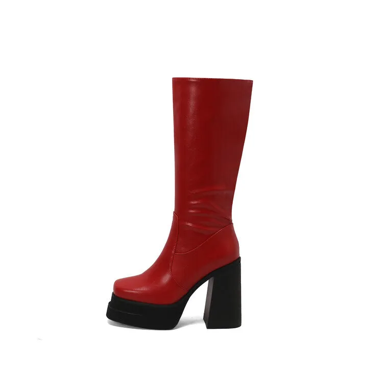 Women's Patchwork Block Heel Platform Knee High Boots