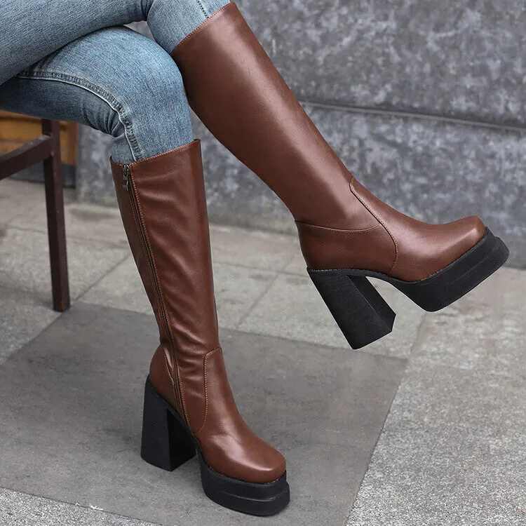 Women's Patchwork Block Heel Platform Knee High Boots