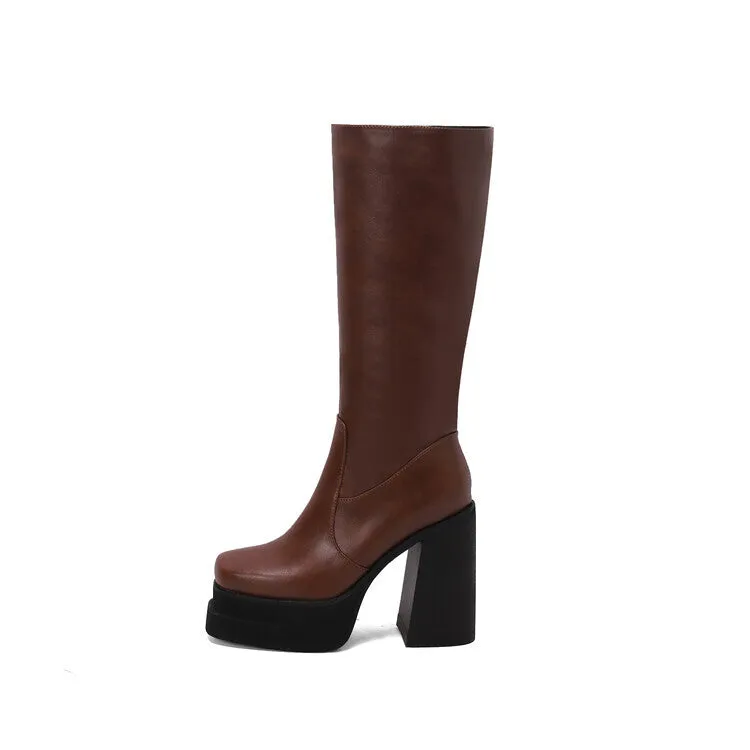 Women's Patchwork Block Heel Platform Knee High Boots