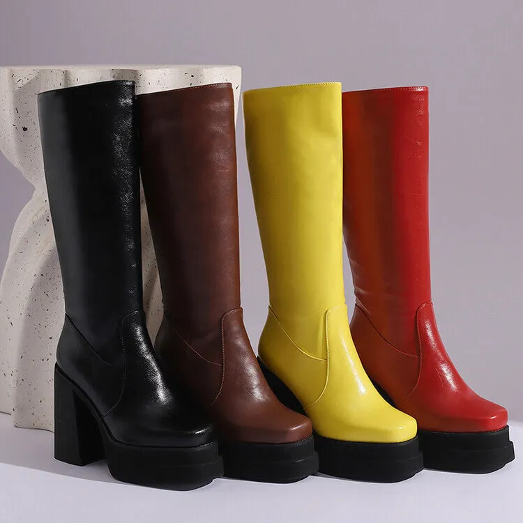 Women's Patchwork Block Heel Platform Knee High Boots