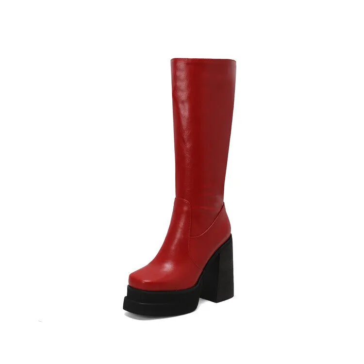 Women's Patchwork Block Heel Platform Knee High Boots