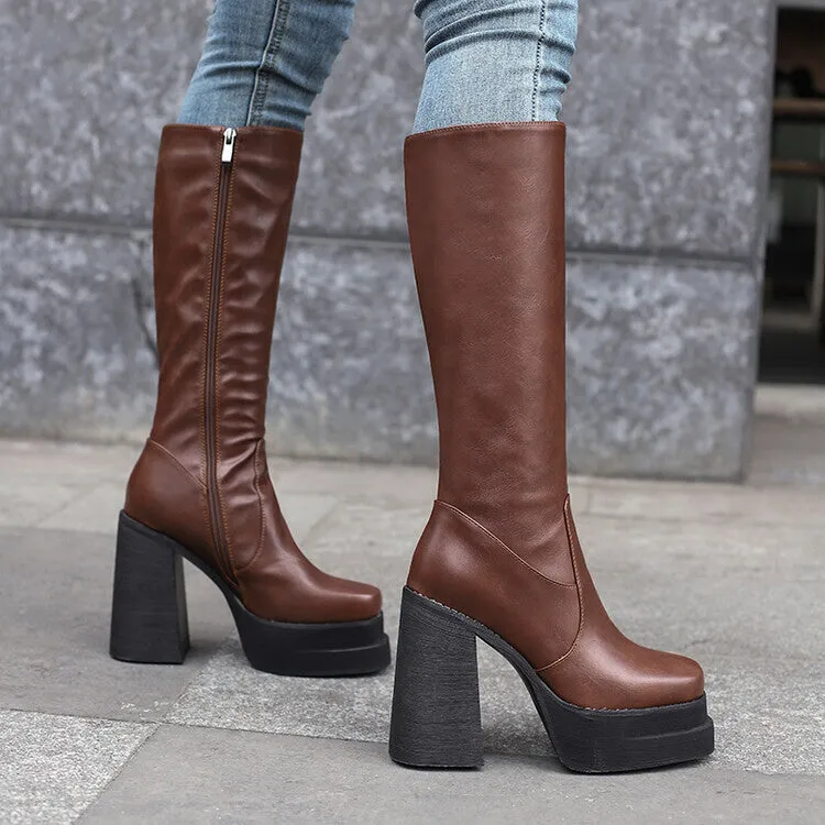 Women's Patchwork Block Heel Platform Knee High Boots
