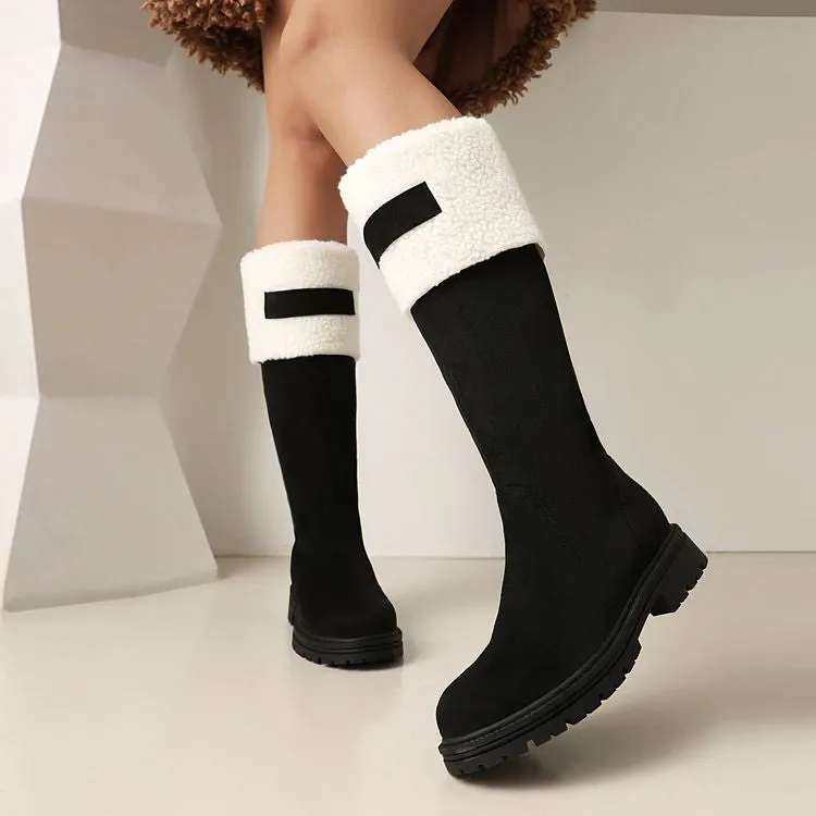 Women's Patchwork Plush Flats Knee High Snow Boots